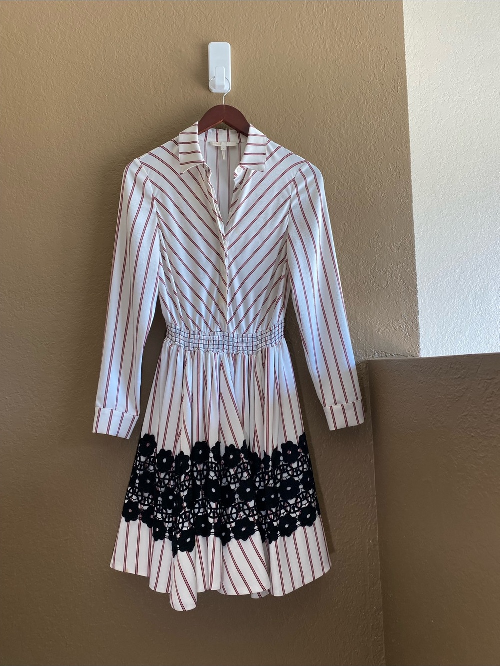 Maje Satin White and Rust-Striped Long Sleeve Shirt Dress with Navy DelicateLace